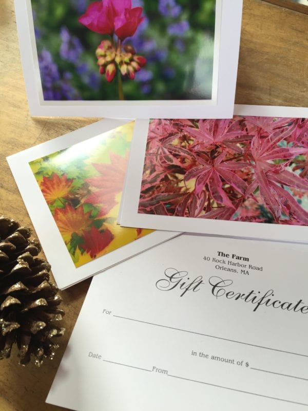 Display of gift certificates to The Farm