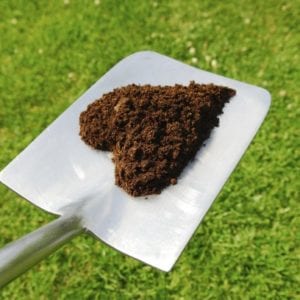 shovel with dirt formed in shape of a heart with green grass background