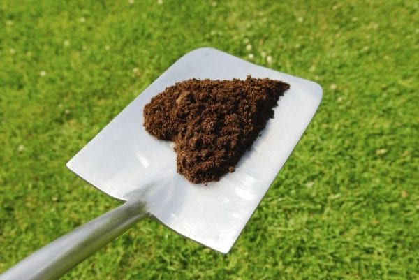 shovel with dirt formed in shape of a heart with green grass background